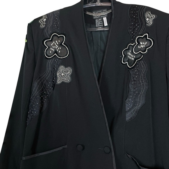 Vtg Suzelle Wool Leather Beaded Floral Embroidered Evening Jacket Black Size 14 - Picture 3 of 11